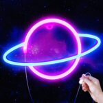 6.89x11.81-inch pink and blue planet neon sign—USB LED wall light for kids’ rooms, gaming setups, or party decor.