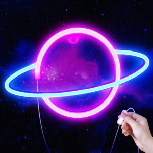 6.89x11.81-inch pink and blue planet neon sign—USB LED wall light for kids’ rooms, gaming setups, or party decor.