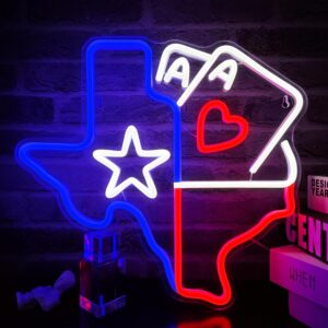 AA Poker Neon Sign featuring AJ cards and a Texas map design in glowing LED lights — perfect for game rooms, bars, or Texas-themed decor.