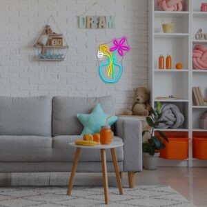 Flower Vase Neon Sign – Dimmable USB-Powered Neon Light with Colorful Flowers for Wall Decor in Kids Room, Girls Room, Bar, or Birthday Party