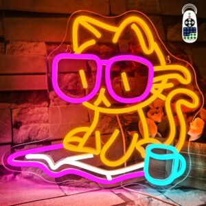 Cute Reading Cat neon sign with soft LED glow. Ideal for cozy bedrooms, reading nooks, or as a fun gift for book and cat lovers.