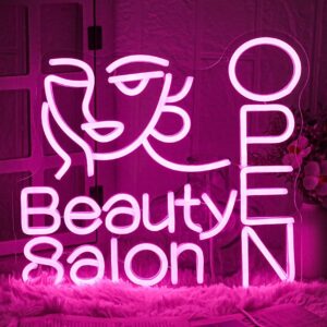 Beauty Salon OPEN pink neon sign with face graphic, perfect for hair salons, nail studios, barber shops, or makeup room decor.