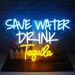 Save Water Drink Tequila Neon Sign – 16.5" x 11.8", bright LED wall light with cool colors and bold lettering, ideal for bar, pub, or man cave decor.