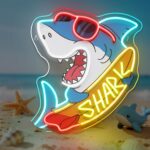 Colorful Shark Skateboard Neon Sign — playful LED wall light featuring a shark on a board, perfect for kids’ rooms, bars, and game zones.