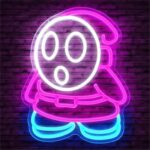 "Shy Guy ghost neon sign from Mario—dimmable LED wall light for game rooms, bedrooms, or Halloween decor. Perfect gift for gamers & kids."