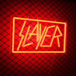 Slayer LED Neon Sign with dimmable brightness and USB power, perfect for man caves, game rooms, bars, or bedroom wall decor (13" x 7").