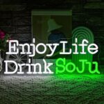 Soju Neon Sign in green and white Korean font, LED wall light for Korean bar decor, home bars, or restaurants, perfect for party ambiance.