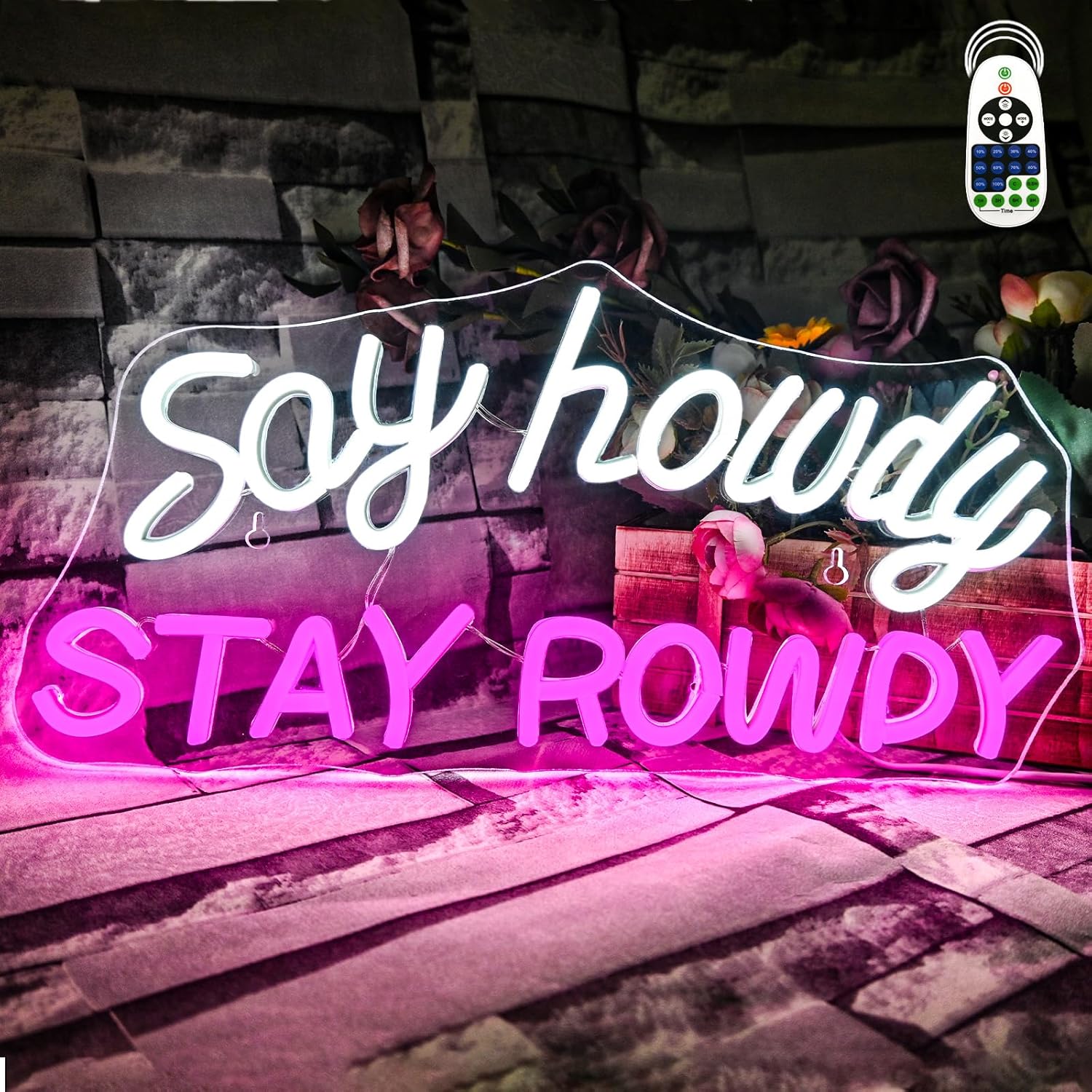 Say Howdy Stay Rowdy neon sign with bold western-style glow. Perfect for bars, man caves, and party rooms. USB powered and dimmable.