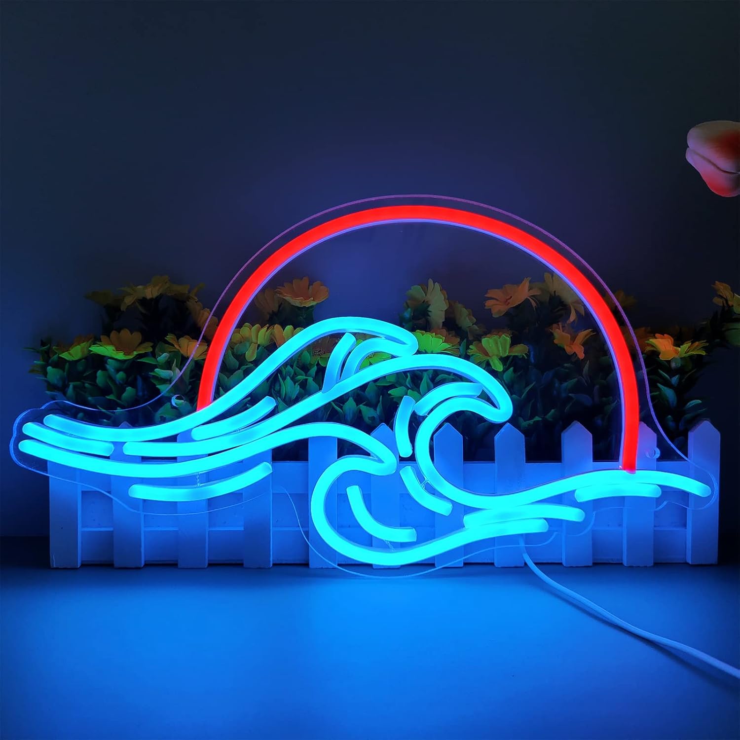 16.14x8.86-inch sunset neon sign in blue and orange—USB-powered LED light for romantic room or beach-themed wall decor.