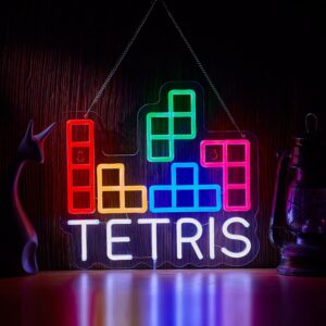 Retro Tetris neon light featuring colorful stacked blocks on a clear acrylic base—perfect for game rooms, bedrooms, or streaming backdrops.