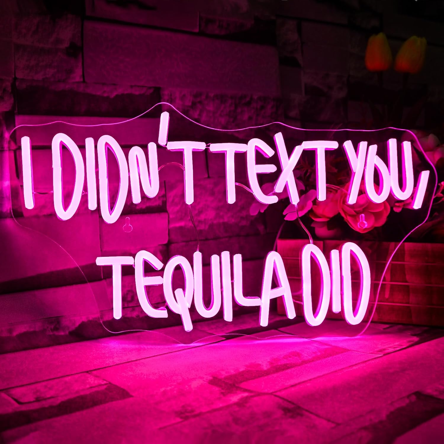 Pink I Didn't Text You, Tequila Did Neon Sign for wall decor, USB-powered LED light perfect for bar, party room, or bedroom aesthetic setup.