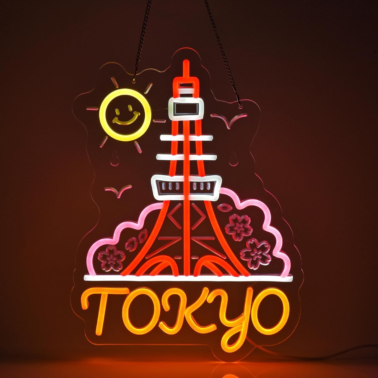 Vibrant Tokyo city LED neon sign with tower and cherry blossom design, ideal for bedrooms, bars, or anime-themed décor.