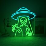 "Alien Don’t Go" Neon Sign with glowing green UFO and blue LED lighting — perfect wall décor for sci-fi lovers, gaming rooms, and cosmic bedroom themes.