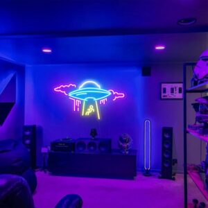22-inch UFO spaceship neon sign with dimmable LED lights, perfect for sci-fi fans and space-themed room or party décor.