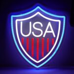 12x13.66-inch USA neon sign in bold red, white, and blue—perfect patriotic LED wall light for man caves, bars, or entertainment spaces.