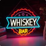 Whiskey Bar neon LED sign with USB power and adjustable brightness, perfect for home bars, offices, or man caves—adds a bold glow to any space.