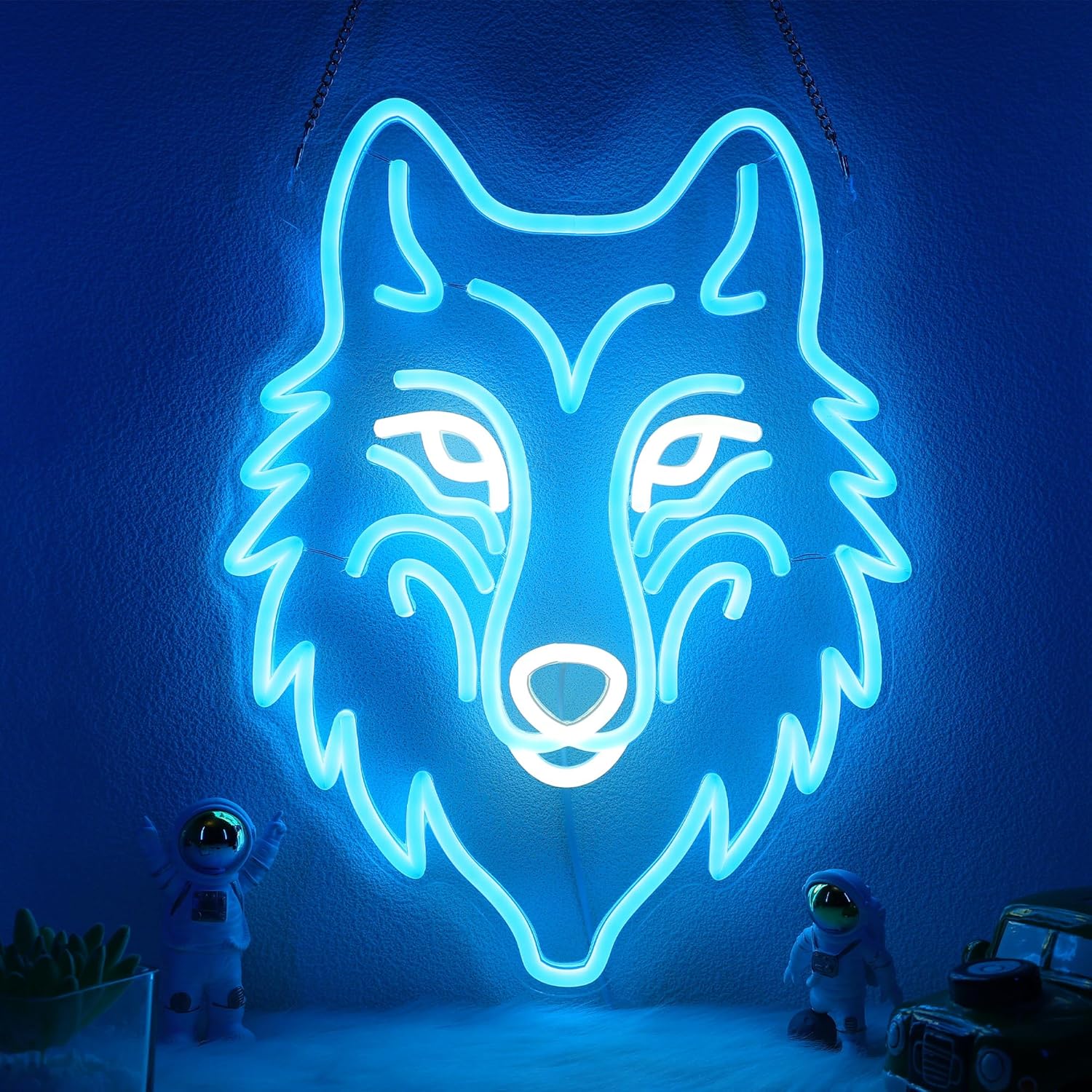 16-inch wolf-shaped LED neon sign in bright white glow. Perfect for boys’ bedrooms, gaming setups, or cool ambient lighting in any space.